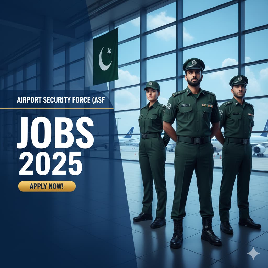 Pakistani Airport Security Force officers standing at the airport for ASF Jobs 2025 recruitment banner
