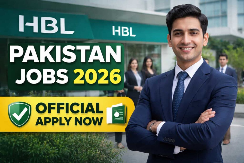 HBL Pakistan Jobs 2026 thumbnail showing a professional banker in front of an HBL branch with official apply now message