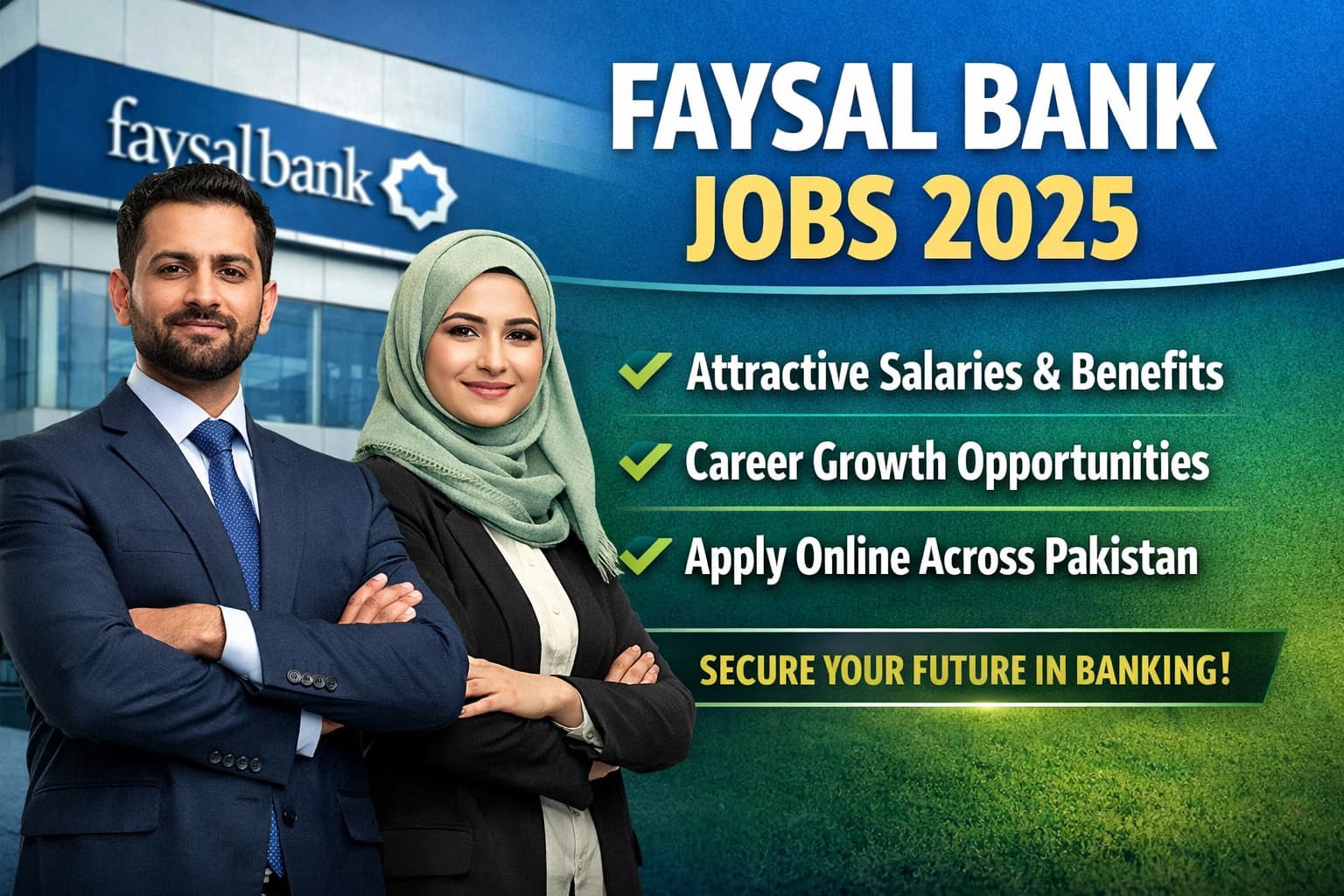 Faysal Bank Jobs showing professional Pakistani bankers standing outside a modern Faysal Bank branch, representing secure banking careers in Pakistan.