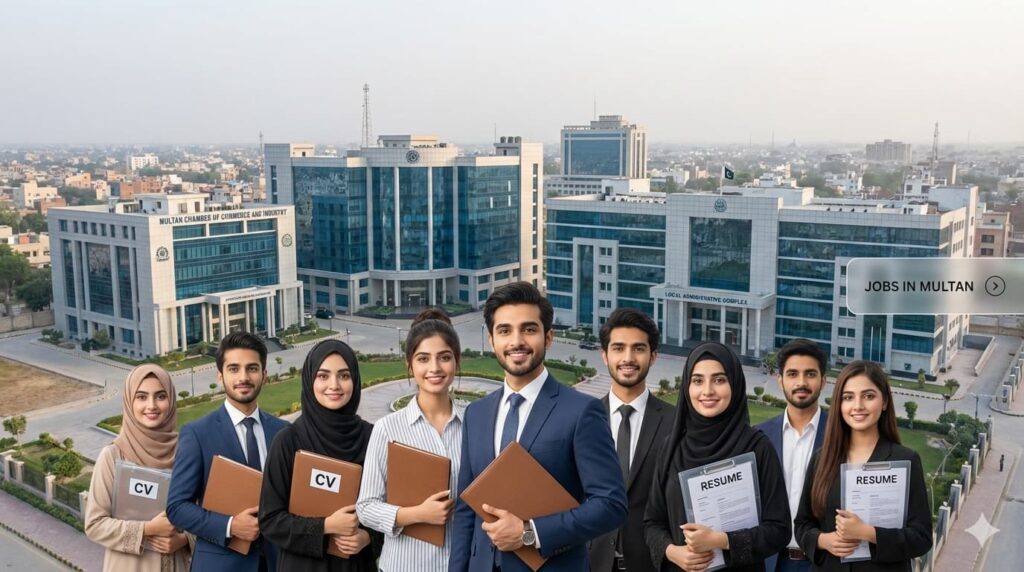 Jobs in Multan City 2025 showing government and private employment opportunities with professionals in an official work environment.