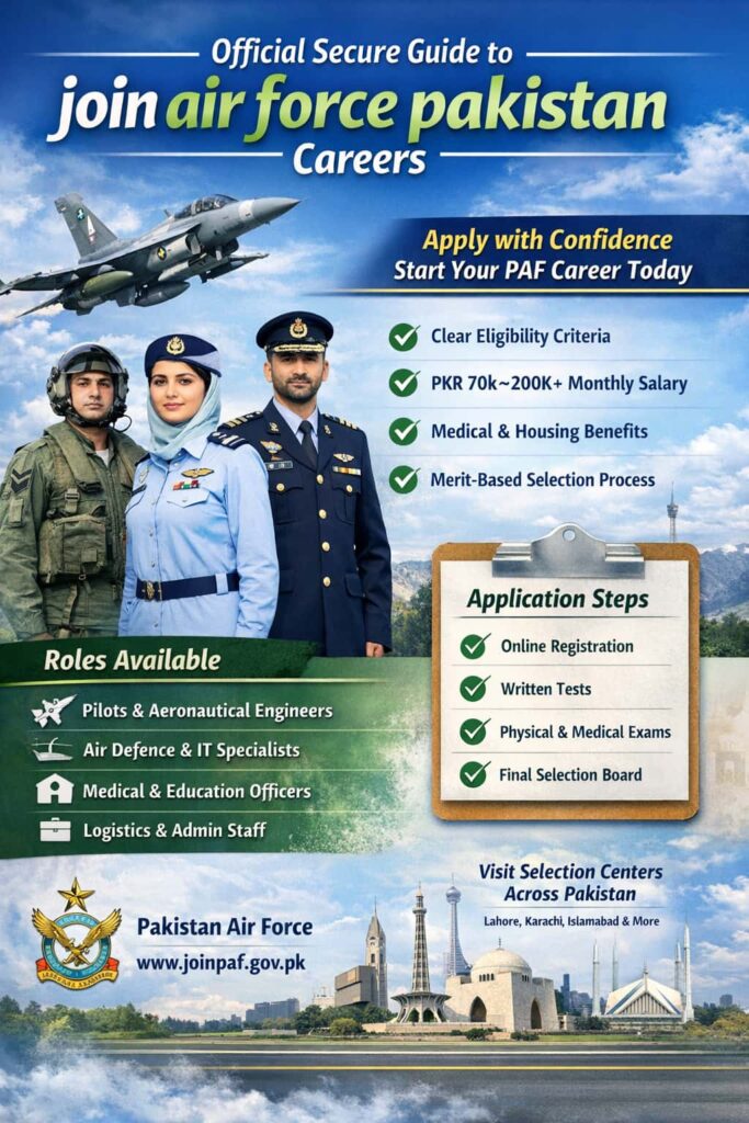 Join Air Force Pakistan official recruitment guide image showing Pakistan Air Force officers, fighter jet, salary benefits, eligibility, and application steps.