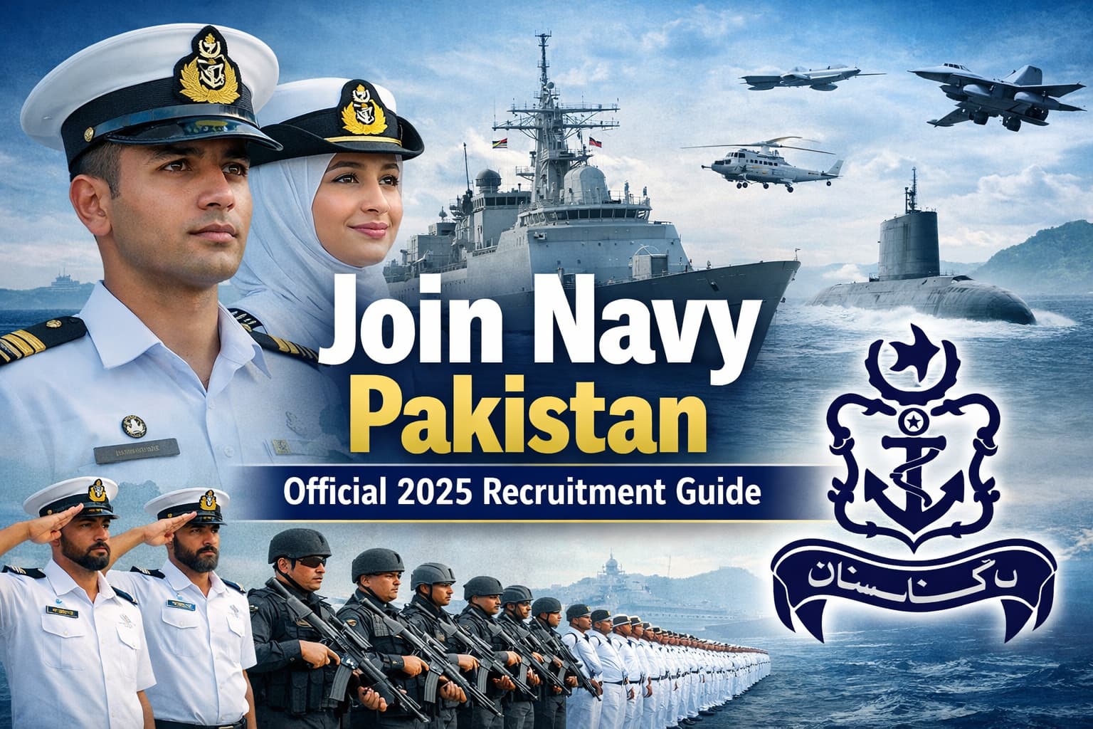 Join Navy Pakistan official recruitment careers image showing naval officers, ships, submarines, and aircraft representing Pakistan Navy jobs and careers