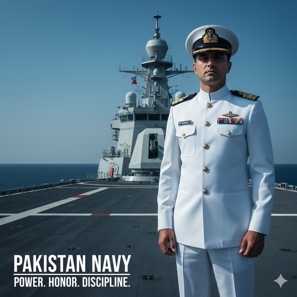 Join Pak Navy PK 2025 government jobs advertisement showing Pakistan Navy officer and naval ship representing career opportunities