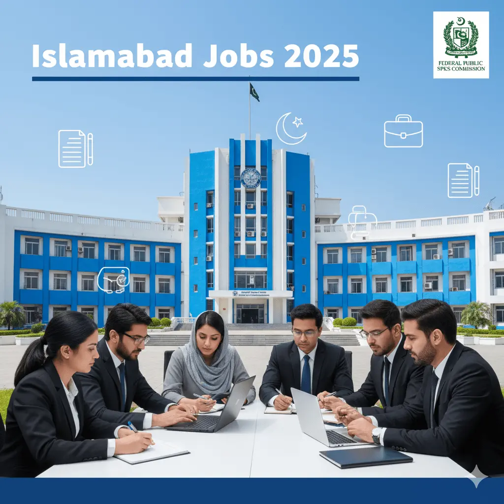 A professional graphic showing the Powerful Guide to Public Service Commission Islamabad Jobs 2025 with Islamabad city skyline, government icons, and job application theme.