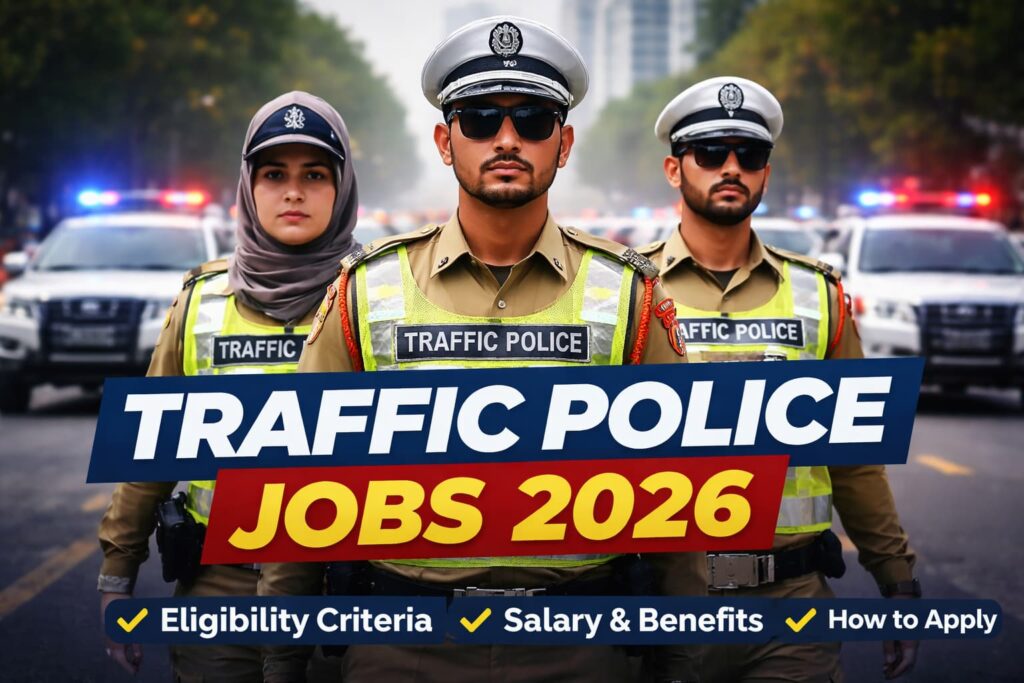 Traffic police officers in uniform standing on a city road representing traffic police jobs 2026 recruitment in Pakistan