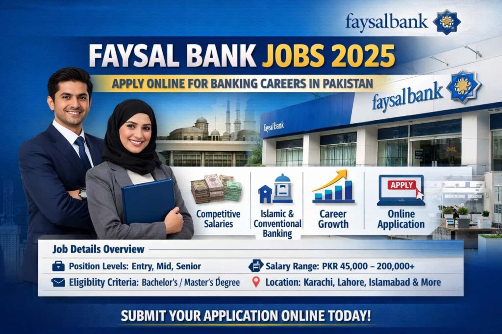 Trusted Faysal Bank Jobs 2026 banner showing professional banking staff with nationwide online application details in Pakistan