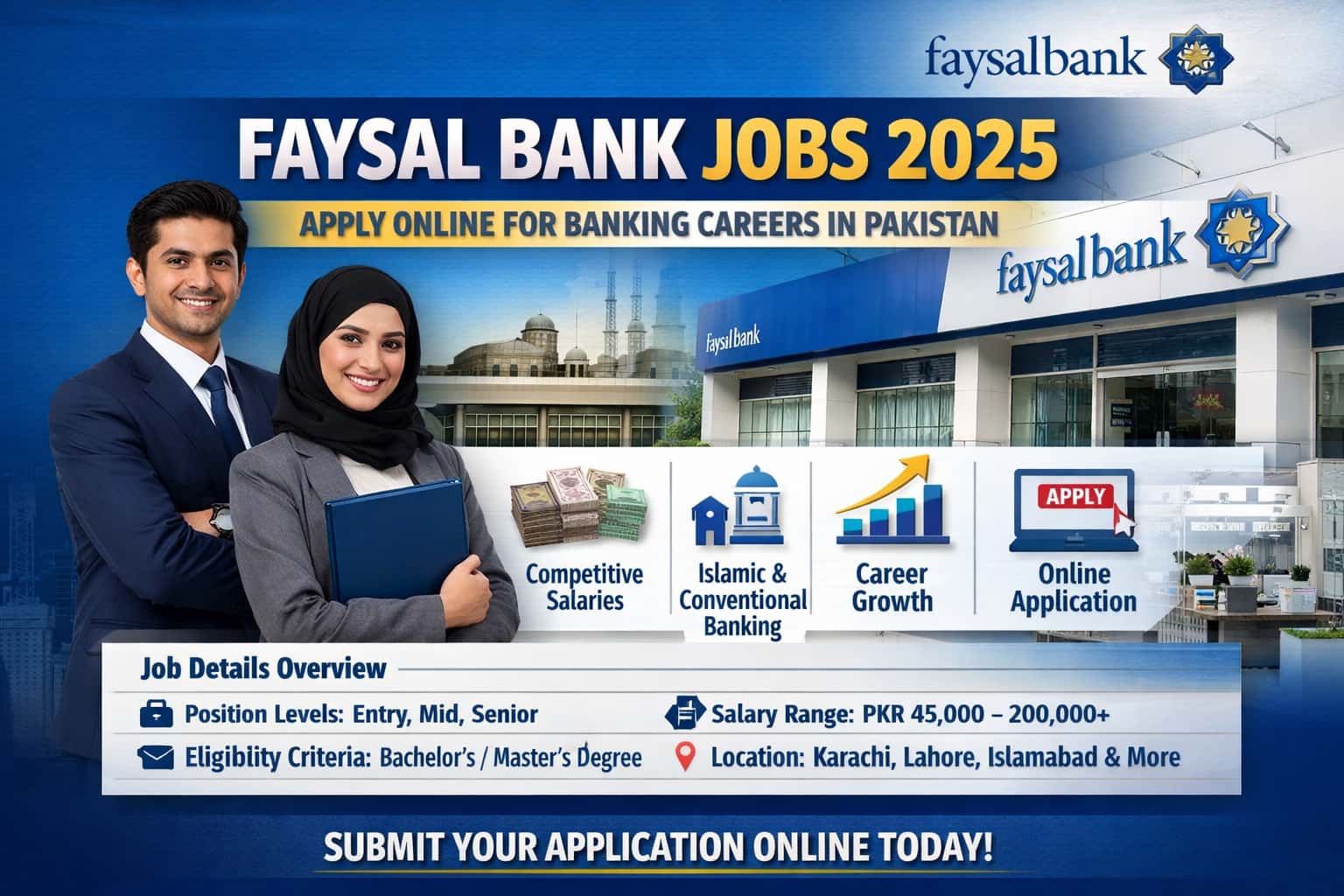 Trusted Faysal Bank Jobs 2026 banner showing professional banking staff with nationwide online application details in Pakistan