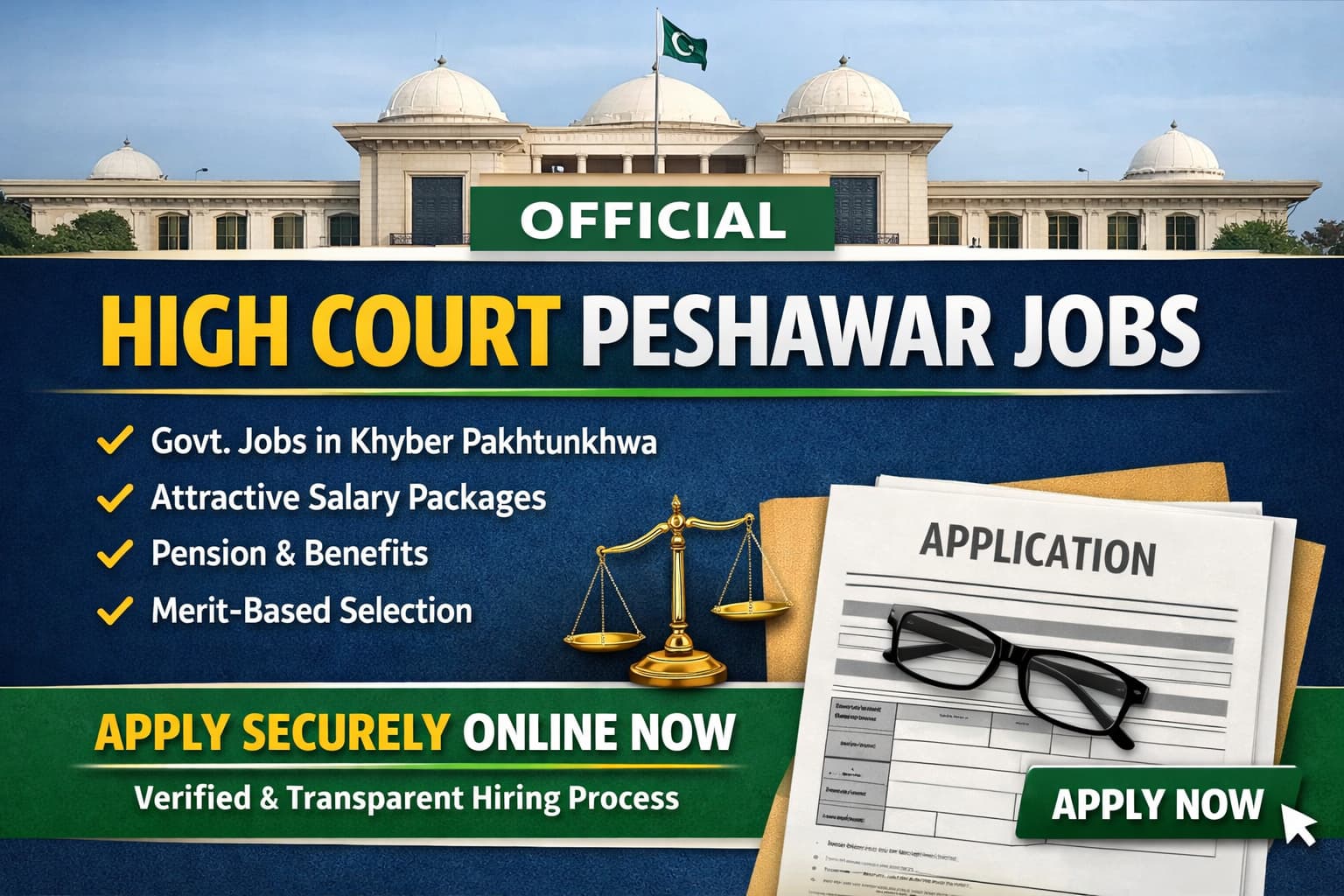 Verified high court peshawar jobs 2026 official recruitment banner showing Peshawar High Court building with apply online information