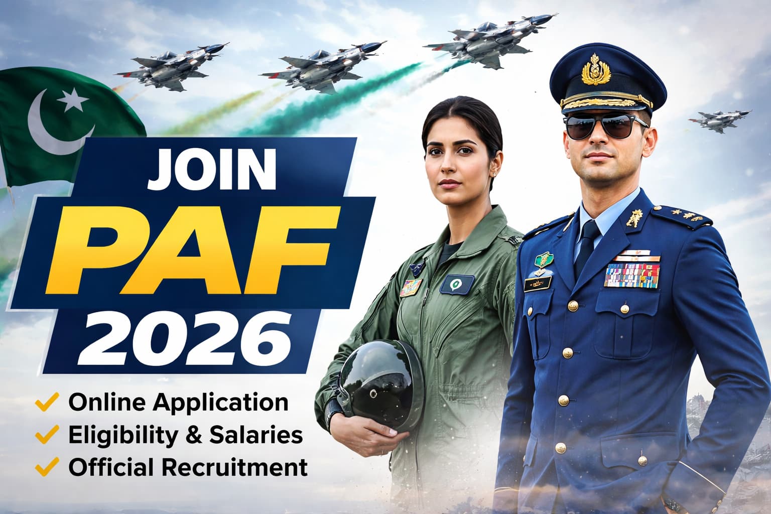 Join PAF 2026 official recruitment banner showing Pakistan Air Force officers, fighter jets, and national flag representing online application and career opportunities