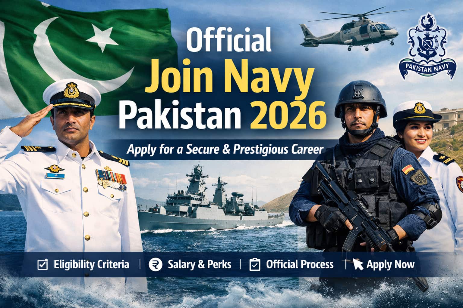 Official join navy pakistan 2026 recruitment thumbnail showing Pakistan Navy officers, naval ships, and national flag highlighting secure government career opportunities.