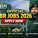 Official fbr jobs 2026 announcement showing Federal Board of Revenue building, uniformed officer, and apply now message for online government recruitment