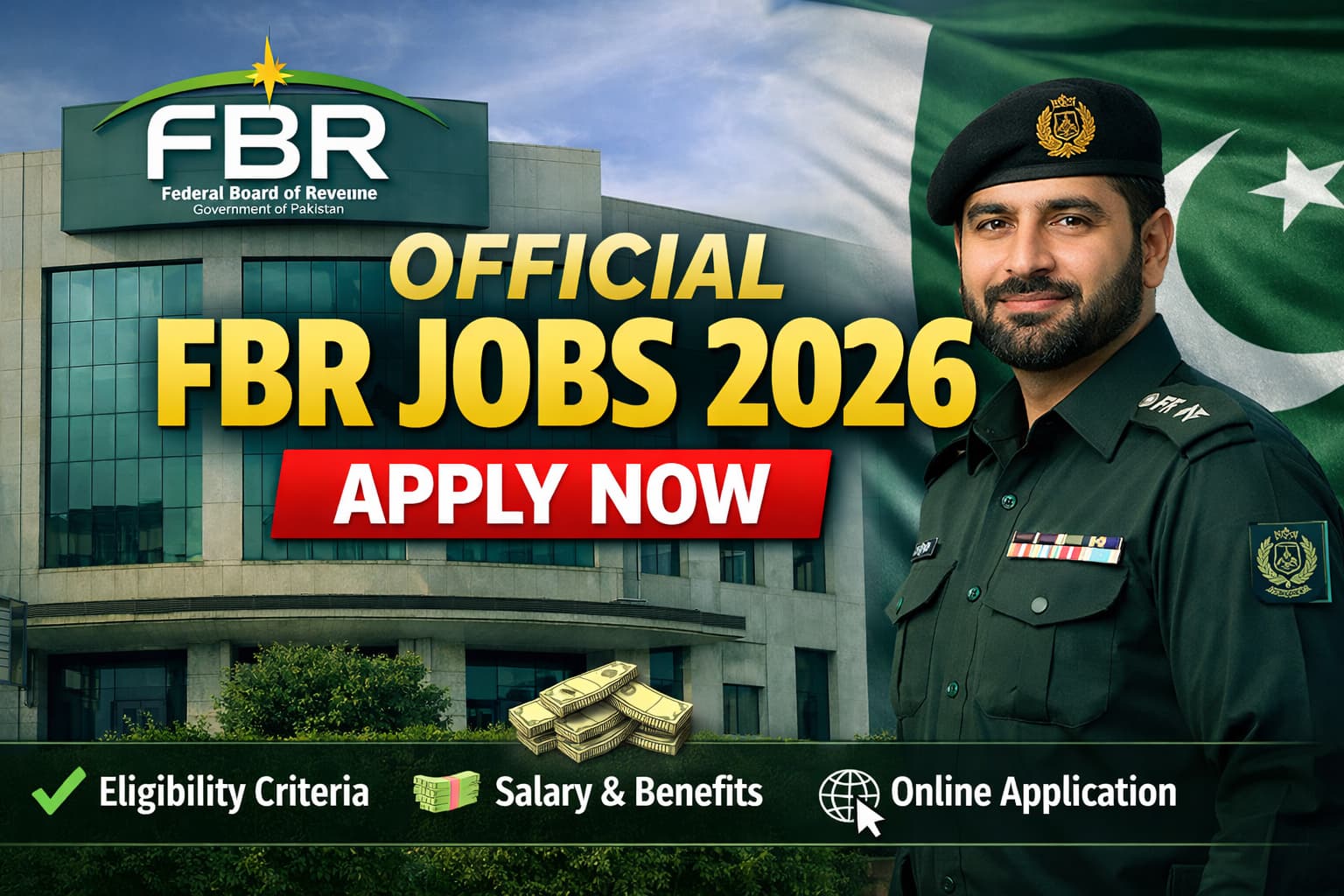 Official fbr jobs 2026 announcement showing Federal Board of Revenue building, uniformed officer, and apply now message for online government recruitment