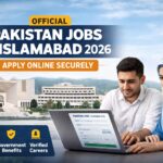 Pakistan Jobs in Islamabad 2026 thumbnail showing federal office buildings with employees, highlighting government career opportunities and official application process.