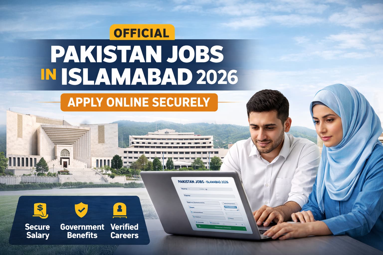 Pakistan Jobs in Islamabad 2026 thumbnail showing federal office buildings with employees, highlighting government career opportunities and official application process.