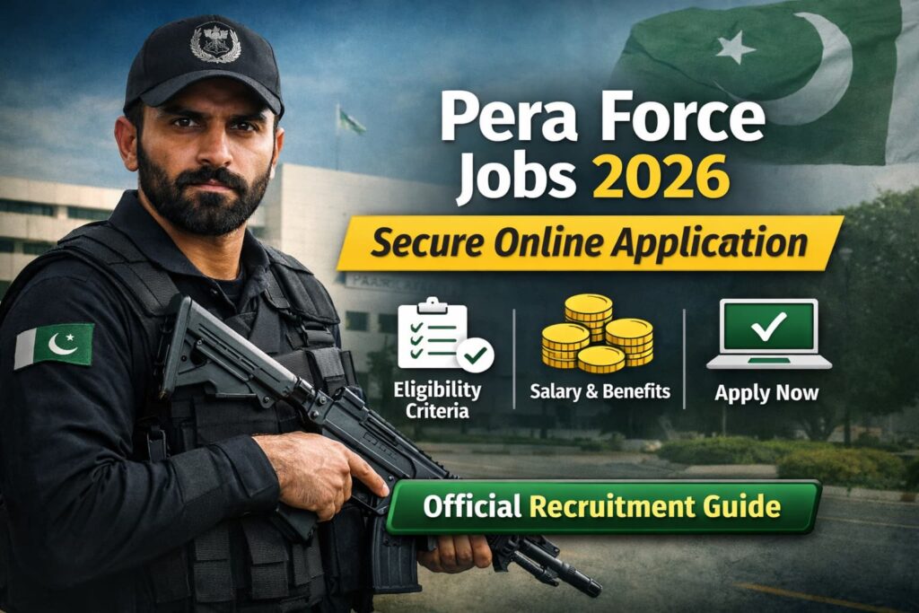 Verified Pera Force Jobs 2026 thumbnail showing uniformed security personnel with Pakistan flag and secure online application details